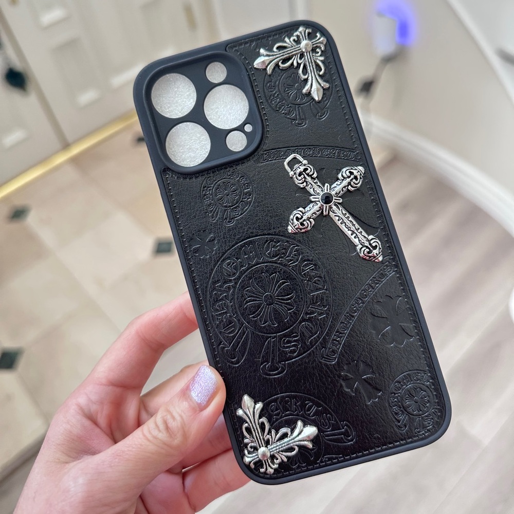 Black iPhone 14 PROMAX Case with Silver Cross Accents